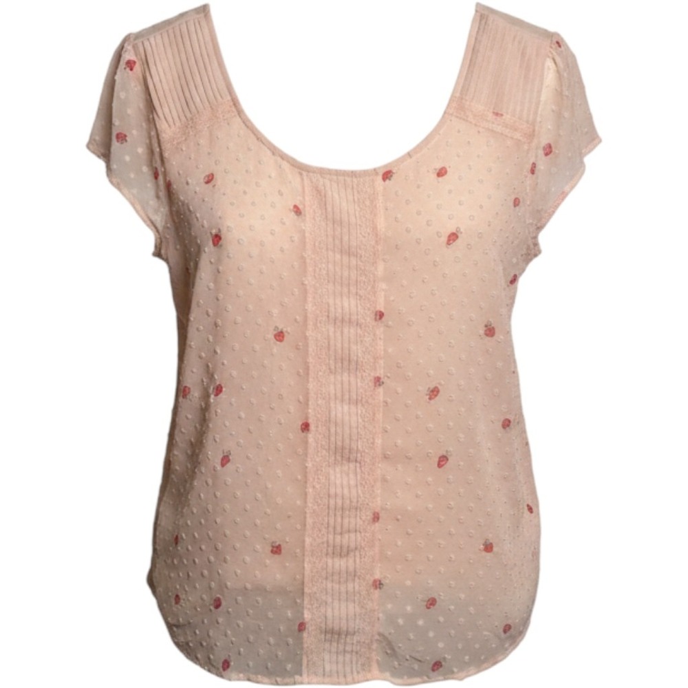 LC Lauren Conrad Strawberry Blouse XL Pink Swiss Dot Lace Cottagecore Coquette